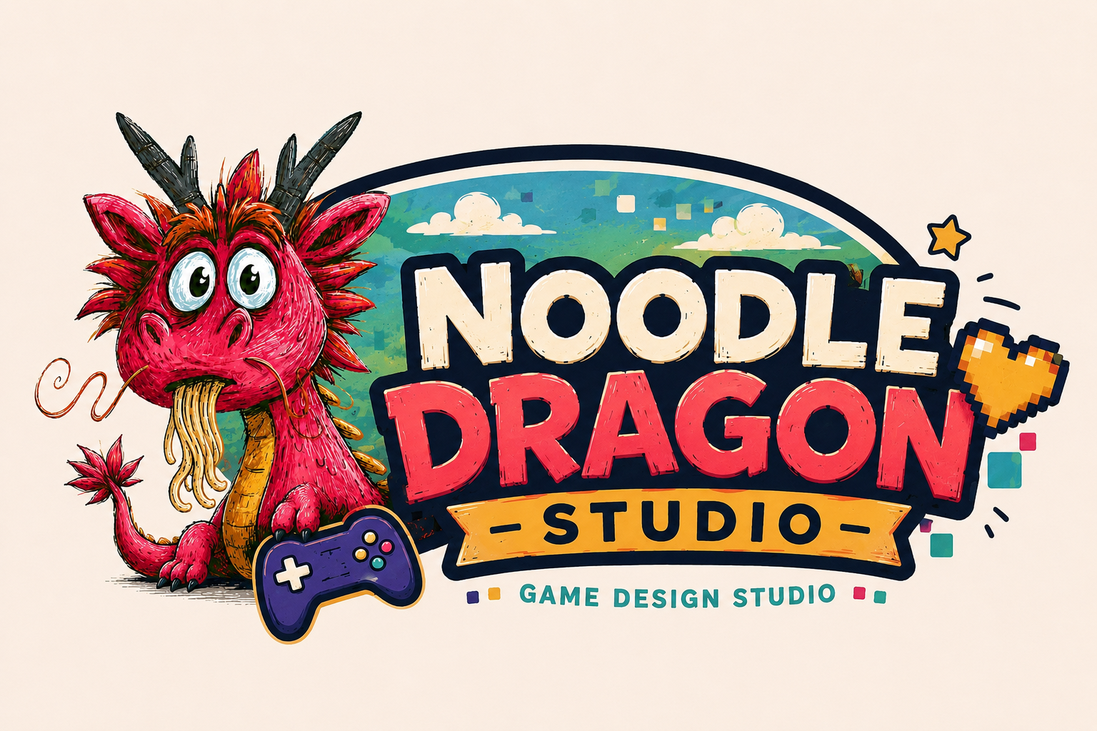 Noodle Dragon Studio logo with pink dragon, game controller and pixel heart