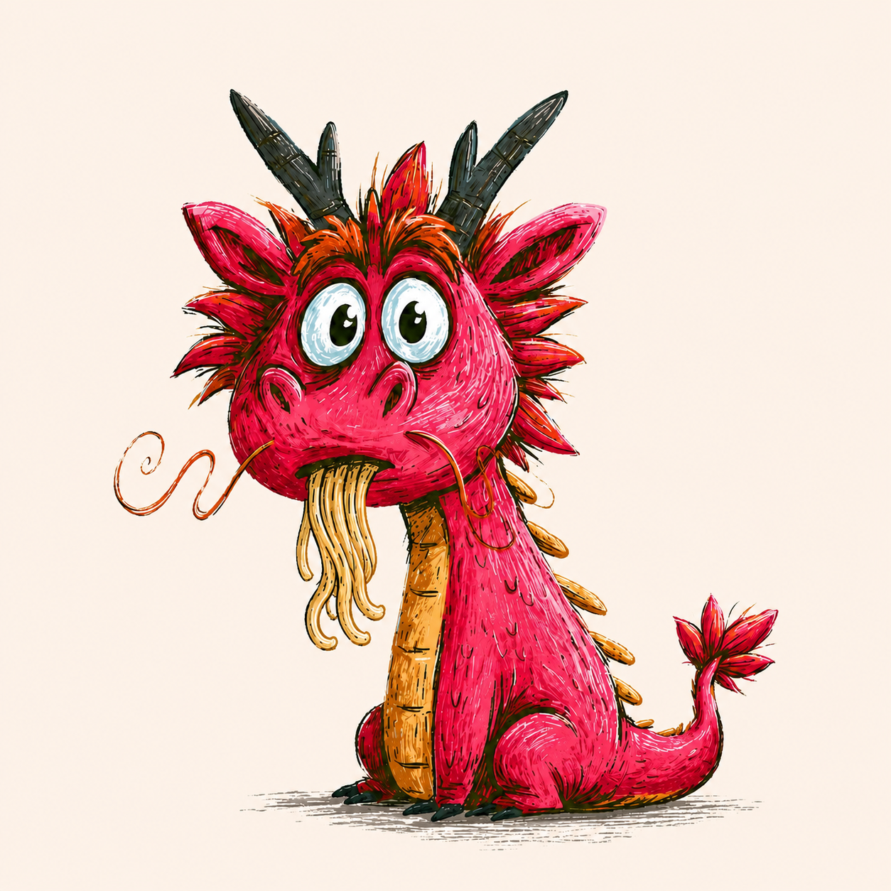 A cheerful pink dragon eating a bowlful of noodles